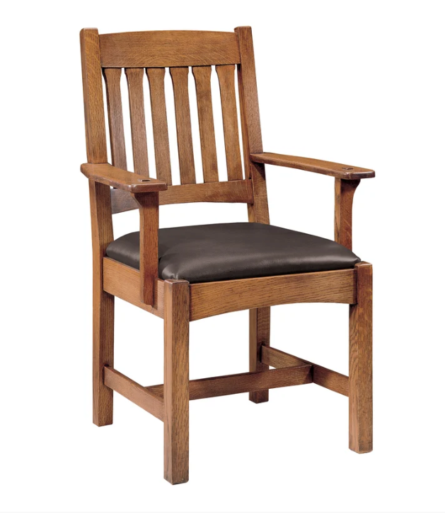 A wooden dining chair with a slatted backrest, wide armrests, and a dark brown upholstered seat cushion, shown on a plain white background.