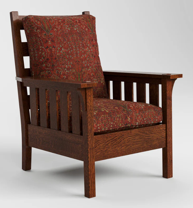 A classic wooden armchair with a dark brown wood frame and red patterned fabric cushions on the seat and backrest, shown against a neutral light gray background.