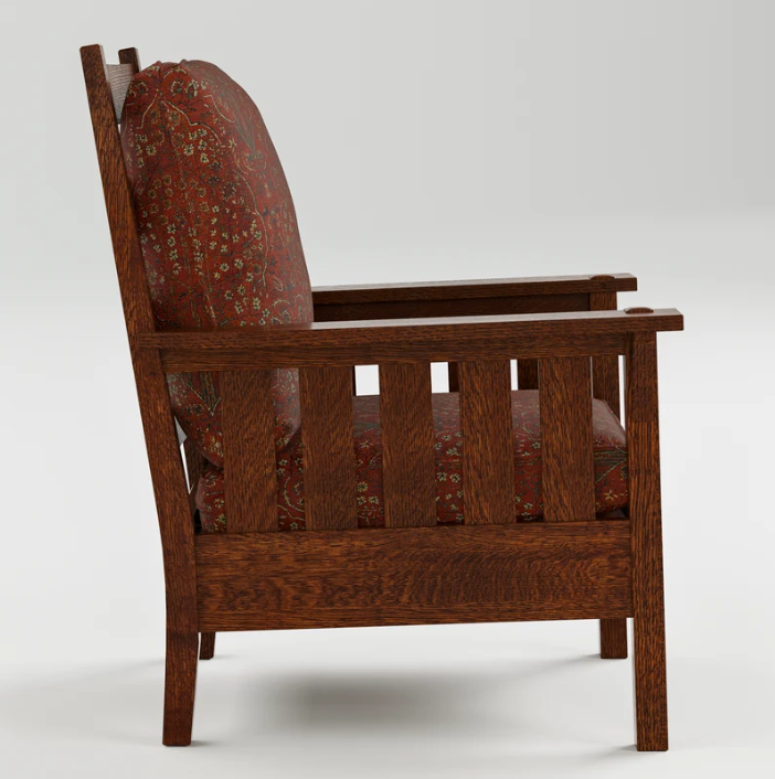 A classic wooden armchair with a reddish-brown wood frame and a patterned red fabric cushion, shown from a side profile view against a neutral light gray background.