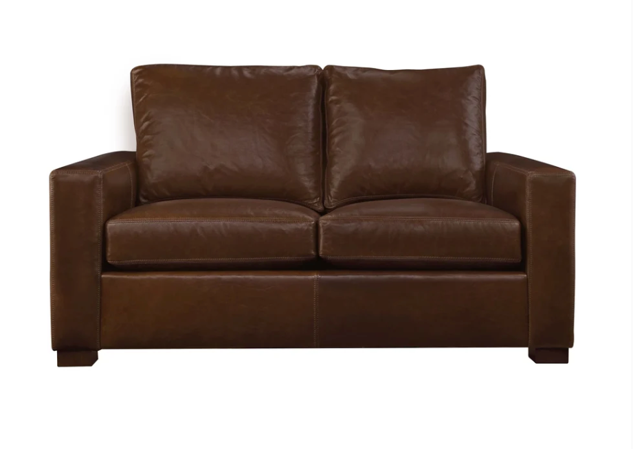 A dark brown leather loveseat sofa with two back cushions and two seat cushions, shown from a front-facing angle on a plain white background.