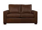A dark brown leather loveseat sofa with two back cushions and two seat cushions, shown from a front-facing angle on a plain white background.
