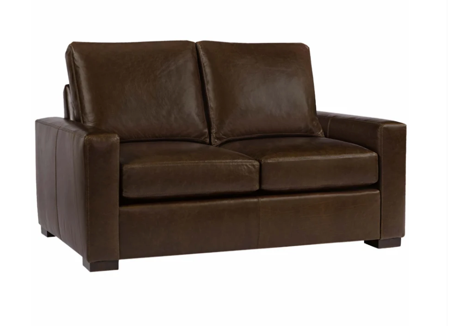A dark brown leather loveseat sofa with two back cushions and two seat cushions, shown from a three-quarter angle on a plain white background.