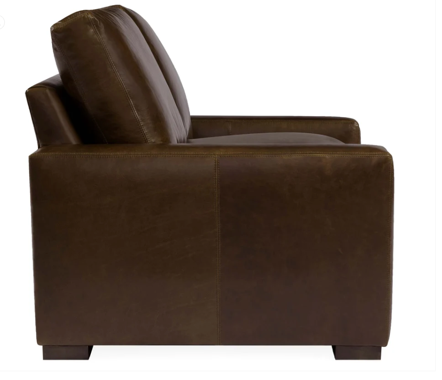 A dark brown leather armchair shown from a side profile view against a plain white background.