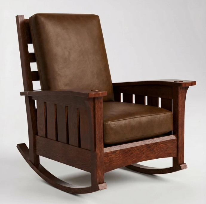 A classic wooden rocking chair with a dark brown leather cushioned seat and backrest, set against a plain light gray background.