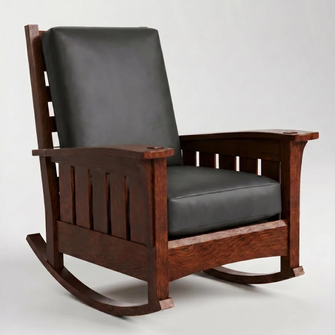 A classic wooden rocking chair with a dark brown wood frame and black faux-leather cushions, photographed against a neutral light gray background.