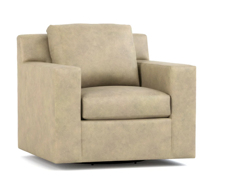 A beige upholstered armchair with a high back, wide armrests, and a seat cushion, shown on a plain white background.
