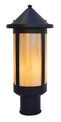 A modern outdoor post cap light fixture with a black metal frame and a warm yellow-orange illuminated glass panel, shown against a plain white background.