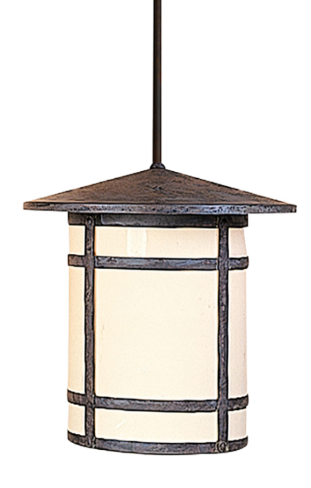 A hanging pendant light fixture with a dark textured metal frame and a warm cream-colored cylindrical shade, suspended by a dark rod against a plain white background.