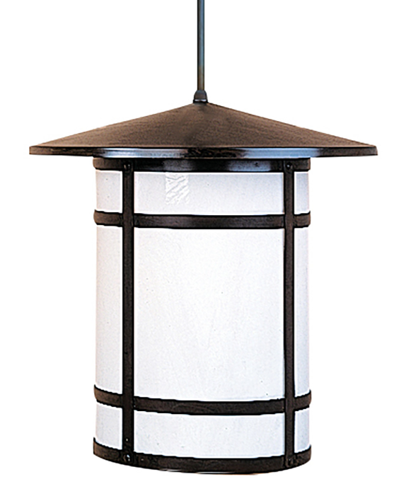 A modern pendant light fixture with a dark bronze metal frame and a textured white cylindrical shade, suspended by a matching dark rod against a plain white background.