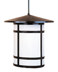 A modern pendant light fixture with a dark bronze metal frame and a textured white cylindrical shade, suspended by a matching dark rod against a plain white background.