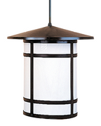A modern pendant light fixture with a dark bronze metal frame and a textured white cylindrical shade, suspended by a matching dark rod against a plain white background.