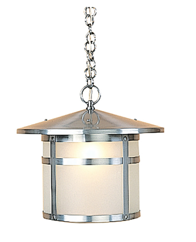 A outdoor pendant light with a silver metal frame and chain, featuring a frosted white cylindrical shade with horizontal silver bands, shown against a plain white background.