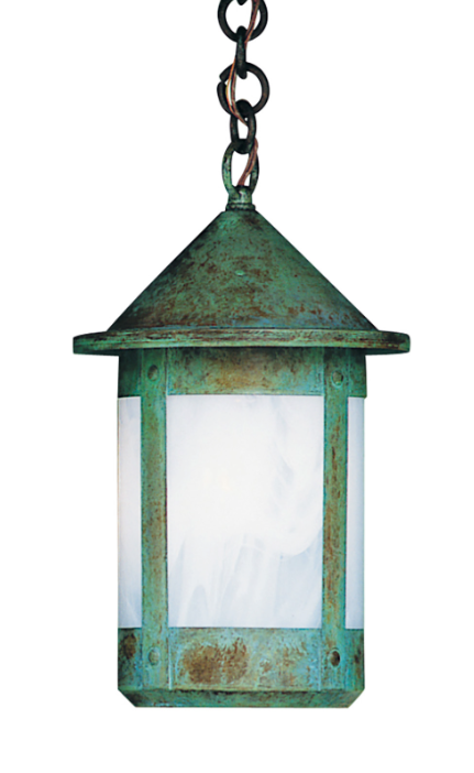 A hanging lantern-style outdoor light fixture with a distressed green and bronze metal finish and frosted white glass panels, shown against a plain white background.