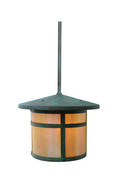 A hanging lantern-style light fixture with a dark green metal frame and warm amber-tinted glass panels, shown against a plain white background.