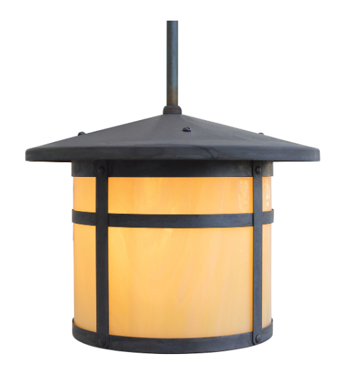 A cylindrical outdoor pendant light fixture with a dark charcoal metal frame and a warm yellow-orange illuminated glass shade, shown against a plain white background.