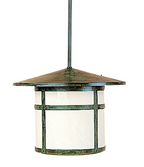 A hanging pendant light fixture with a textured dark green metal frame and a white textured cylindrical shade, suspended by a matching dark metal rod against a plain white background.