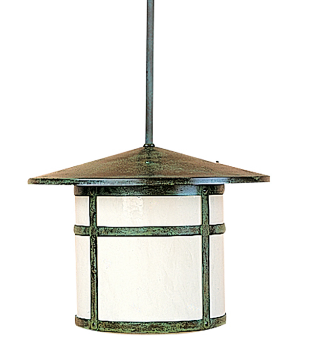 A hanging pendant light fixture with a textured dark green metal frame and a white textured cylindrical shade, suspended by a matching dark metal rod against a plain white background.