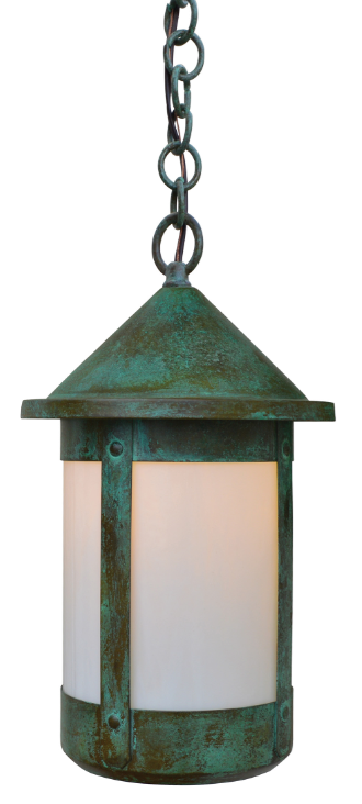 A hanging outdoor lantern with a distressed green metal finish and frosted white glass panels, suspended by a chain against a plain white background.