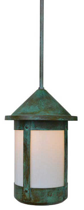 A hanging outdoor pendant light fixture with a weathered green metal body and frosted white glass panels, shown against a plain white background.