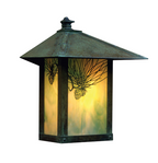 A square outdoor lantern light fixture with a dark bronze metal frame and a warm yellow illuminated glass panel featuring a pinecone silhouette design.