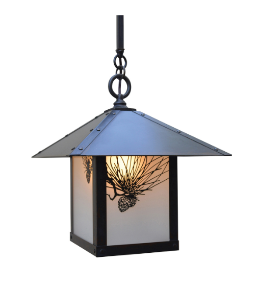 A hanging outdoor lantern light with a dark metal frame and roof, featuring frosted glass panels and a decorative branch silhouette casting a warm light inside, shown on a plain white background.