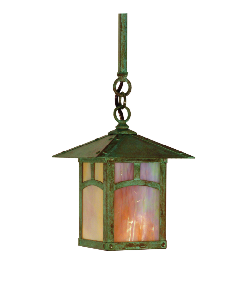 A hanging lantern-style pendant light with a weathered green metal frame and iridescent glass panels that glow with warm pink, peach, and cream tones, shown against a plain white background.