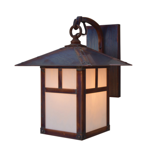 A rustic outdoor wall sconce with a dark brown wood-look frame, a tiered metal roof, and warm white frosted glass panels, shown against a plain white background.
