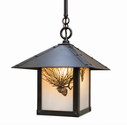 A hanging outdoor lantern light with a dark metal frame and a warm white frosted glass panel featuring a pinecone silhouette design, shown against a plain white background.