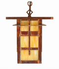 A hanging lantern-style light fixture with a rustic dark brown metal frame and translucent yellow glass panels, shown against a plain white background.