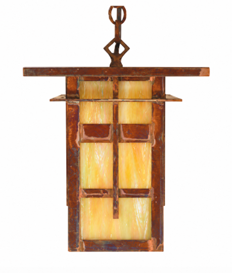 A hanging lantern-style light fixture with a rustic dark brown metal frame and translucent yellow glass panels, shown against a plain white background.