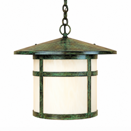 A hanging outdoor lantern light with a distressed green and bronze metal frame and a cream-colored glass shade, suspended by a chain against a plain white background.