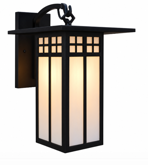A black outdoor wall sconce with a warm white frosted glass panel and a grid pattern on the top, shown against a solid white background.