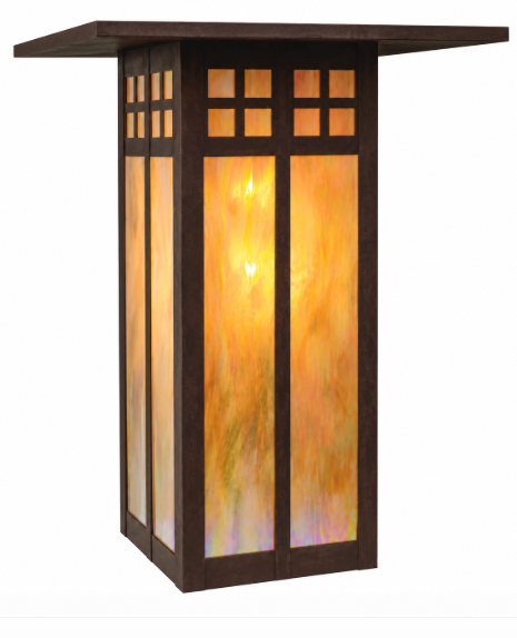 A traditional-style rectangular lantern light with a dark brown metal frame and warm amber-orange stained glass panels, shown against a plain white background.