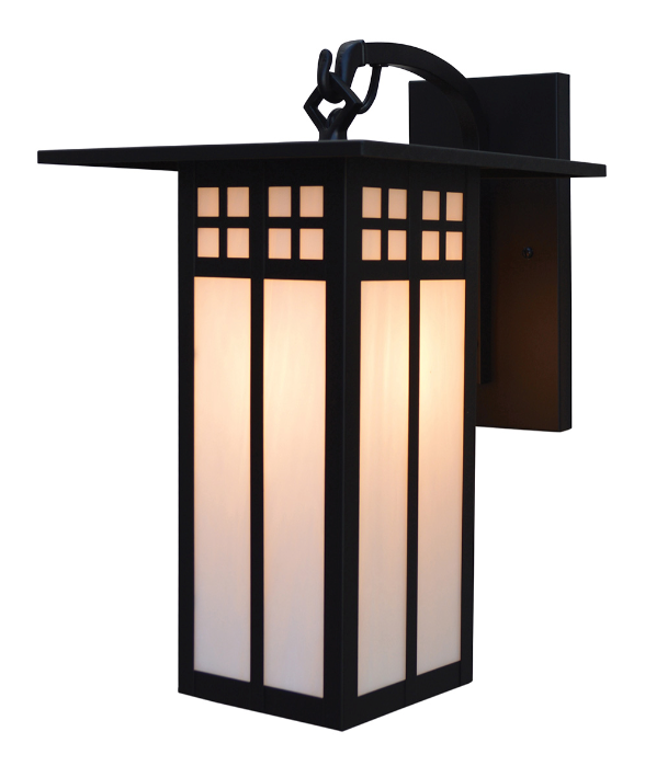 A modern outdoor wall sconce with a black metal frame, featuring vertical frosted glass panels and a geometric grid pattern near the top, shown against a plain white background.
