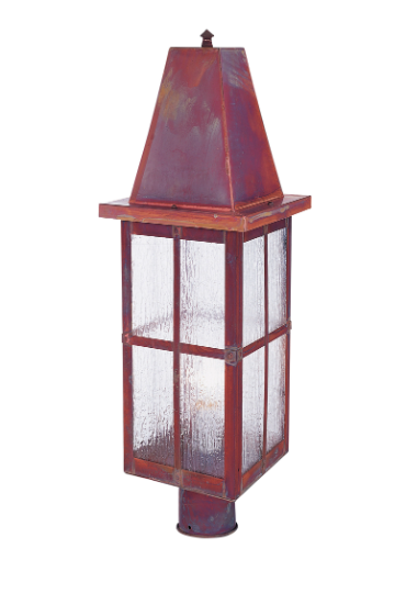 A red metal nautical-style light fixture with textured clear glass panels, isolated on a white background.