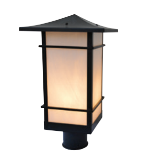 A modern outdoor post cap light fixture with a black metal frame and warm white illuminated glass panels, shown against a plain white background.