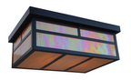 A modern rectangular ceiling light fixture with a black metal frame and iridescent glass panels that shift between pink, green, and yellow, with warm orange light glowing from within.