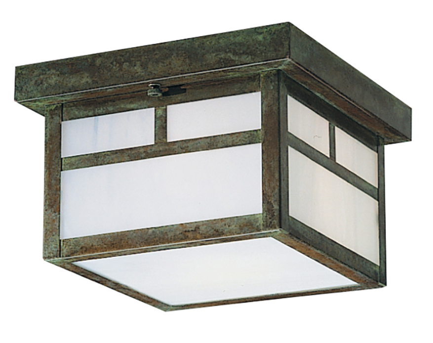 A square ceiling light fixture with a distressed bronze metal frame and frosted white glass panels, shown against a plain white background.