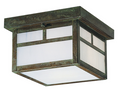 A square ceiling light fixture with a distressed bronze metal frame and frosted white glass panels, shown against a plain white background.