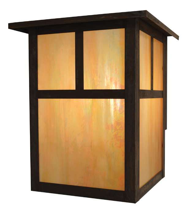 A modern Japanese-style outdoor lantern with a dark brown metal frame and warm, glowing amber-tinted glass panels, shown on a solid white background.