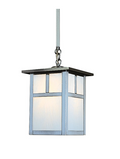 Stem hung lantern in silver metal on a white background. 
