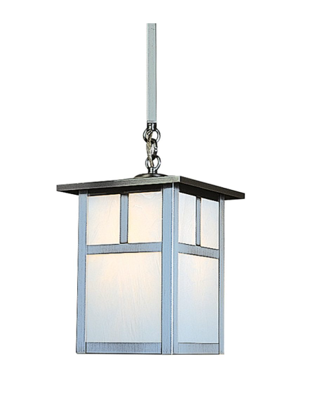 Stem hung lantern in silver metal on a white background. 