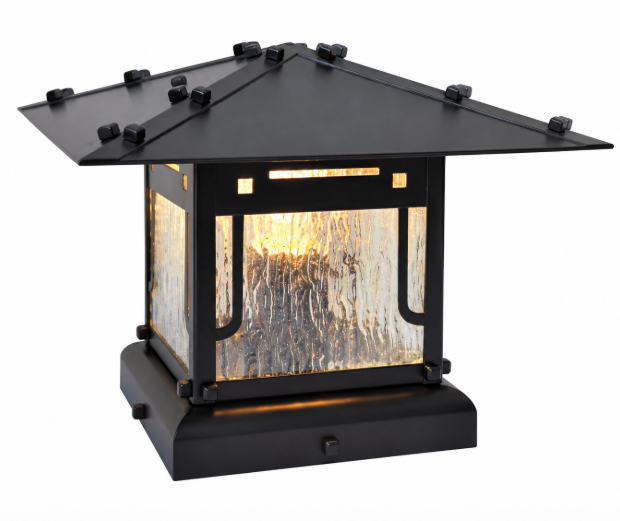 An outdoor lantern light fixture with a black metal frame and a tiered roof, featuring textured clear glass panels that glow with warm yellow light from within, shown on a solid white background.