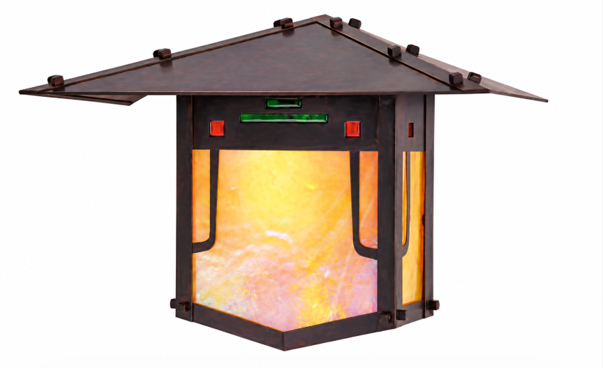 A decorative outdoor lantern with a dark metal frame and pagoda-style roof, featuring glowing warm yellow and orange light panels on a white background.
