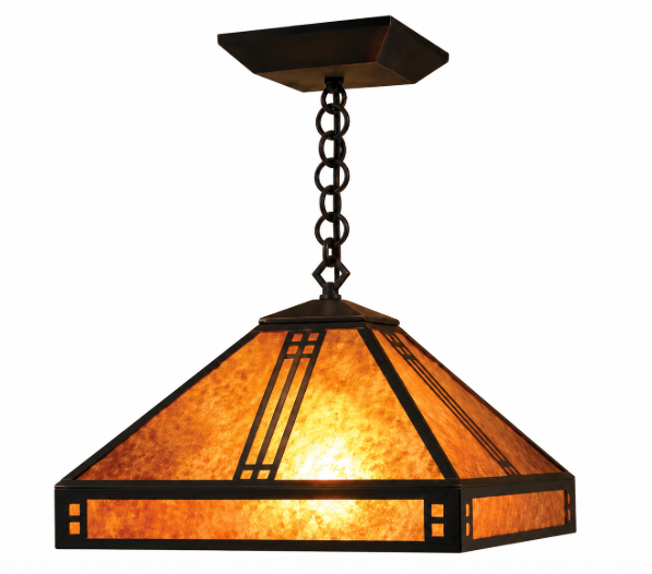 A hanging pendant light fixture with a geometric, pyramid-shaped glass shade. The shade features textured amber-orange glass panels framed by dark bronze metal, suspended by a matching dark chain from a square ceiling canopy, shown against a plain white background.