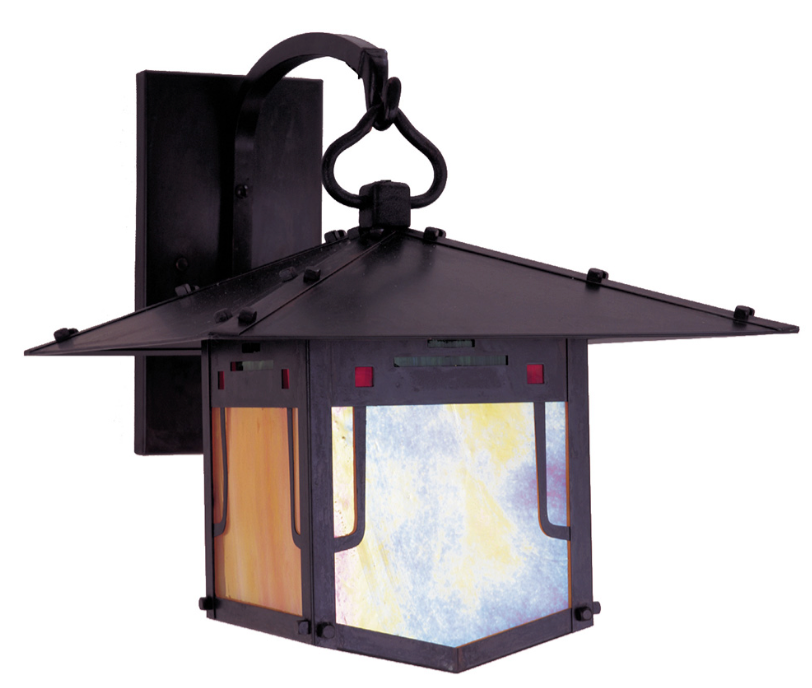 A black metal outdoor wall lantern with a pagoda-inspired roof and textured glass panels shown against a plain white background.