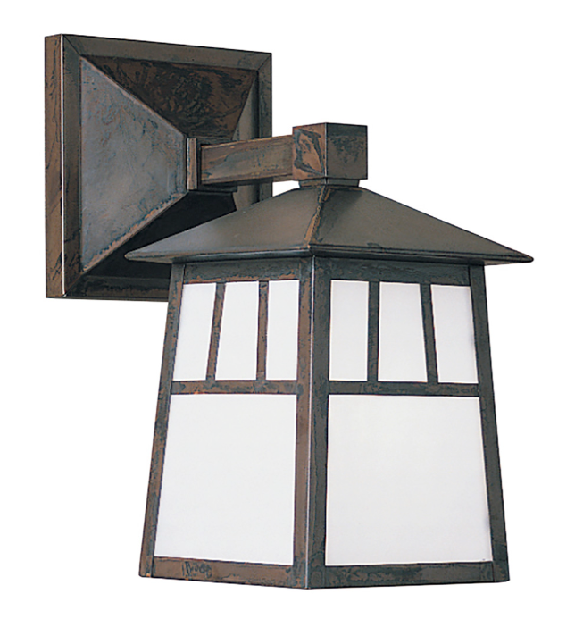 Decorative outdoor wall light fixture with metal frame and glass panels on a white background