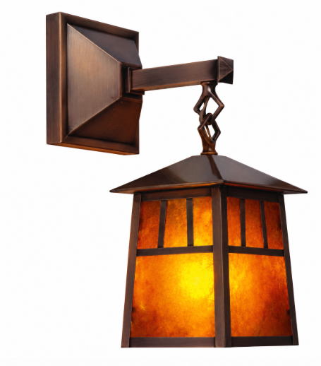 A modern outdoor wall sconce with a dark bronze metal frame and warm amber-orange textured glass panels, shown against a plain white background.