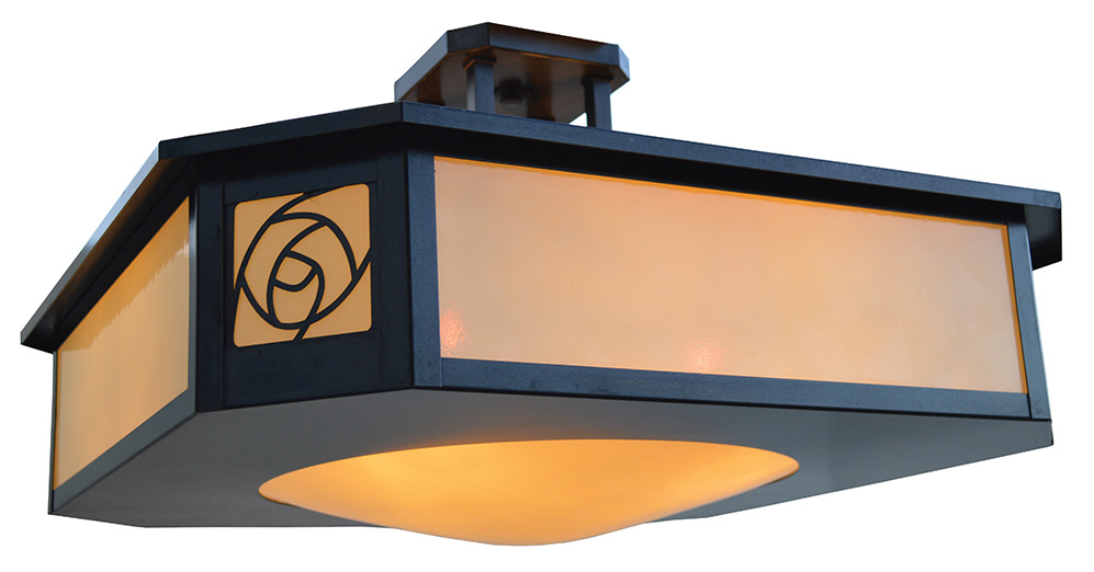 A semi-flush mount ceiling light fixture with a matte black metal frame and warm yellow-orange illuminated frosted glass panels, shown against a solid white background.