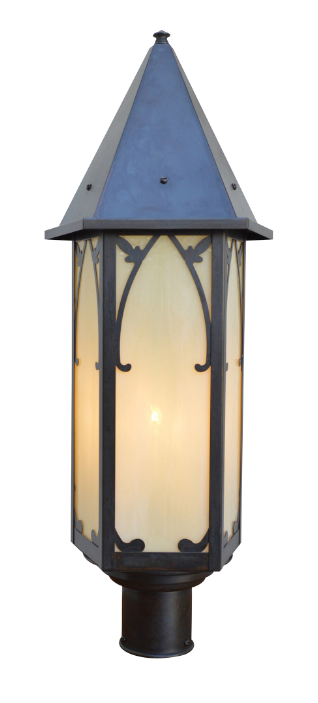 A post cap outdoor wall lantern with a dark metal frame, arched glass panels, and a pointed roof, shown against a plain white background.
